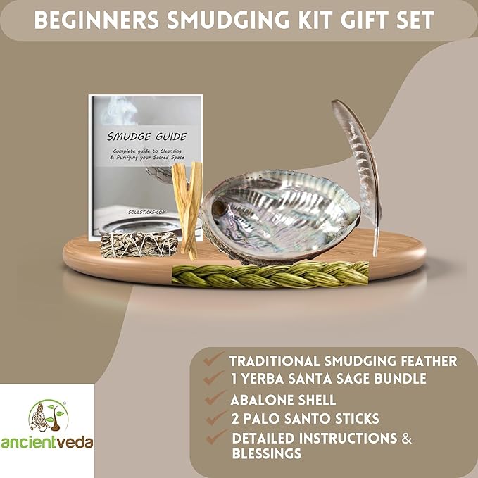 Ancient VEDA Organic Smudge Kit – Yerba Santa, Palo Santo, Sweetgrass, Abalone Shell, Feather & Smudge Guide | Smudging Kit for Home Cleansing, Meditation, Healing (Healer's Kit, Yerba Santa Sage) AncientVeda