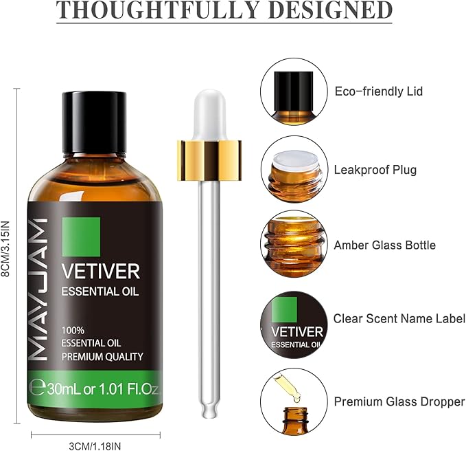 MAYJAM Vetiver Essential Oil 30ML, Pure Vetiver Oil Essential Oils for Aromatherapy, Candles, Soaps(1.01FL.OZ) - Bloomnest