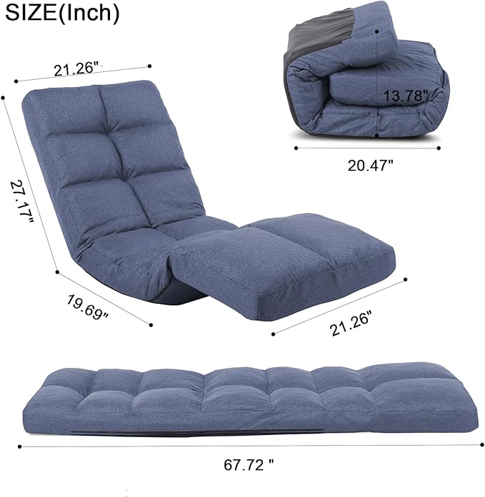 Floor Chair with Footrest Adjustable Backrest with 14 Positions Footrest 5-Position Adjustment Foldable Floor Gaming Chair for Easy Storage Linen Fabirc Chaise Lounge 086 (Blue)