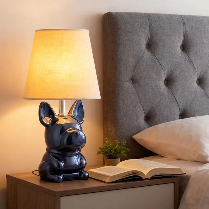 Set of 2 Ceramic Table Lamp, Puppy Shape Desk Lamp Cute Bedside Lamp for Nightstand, Living Room, Bedroom, Gifts for Kids Girls, 4W LED Bulb Included, Blue - Bloomnest