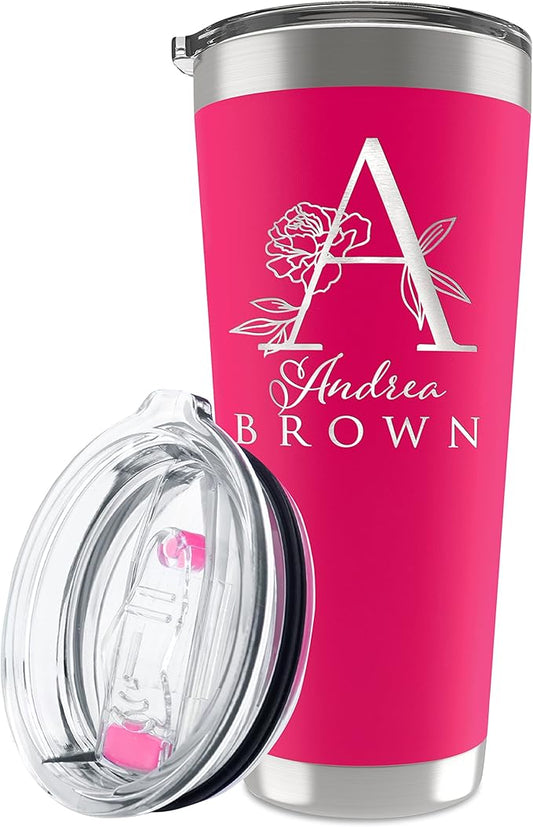 Personalized Tumbler with Engraved Name - 12 Designs, 30 Oz Coffee Tumbler with Slider Lid, Hot Pink, Double Wall Insulated - Gifts for Mom, Custom Gift for Women, Personalized Gift for Her - Bloomnest