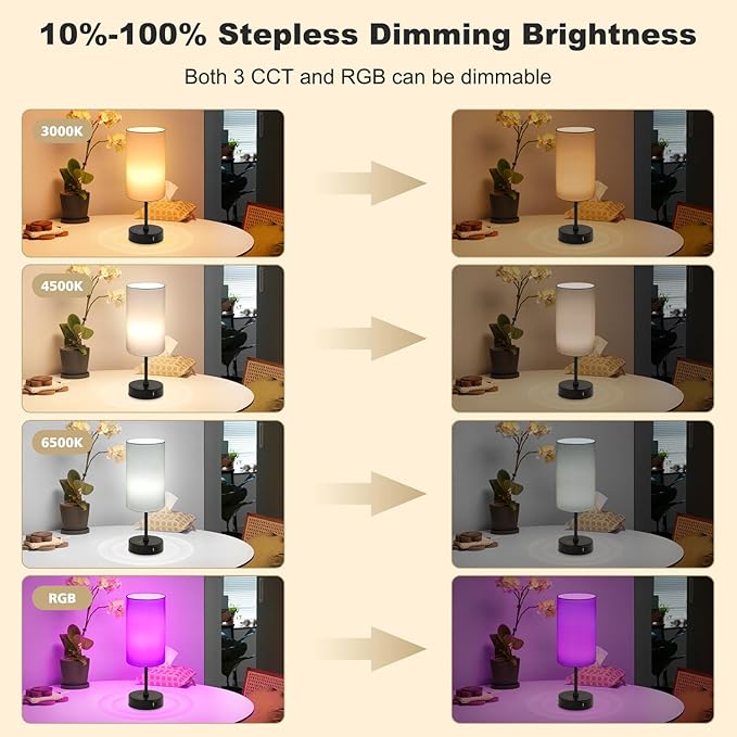 Unicozin Small Table Lamp, 3 CCT 3000K/4500K/6500K & RGB Color Changing, Stepless Dimmable Bedside Lamp for Reading, Touch Control Ambience Nightstand Light for Home Decor Party, Cream Shade - Bloomnest