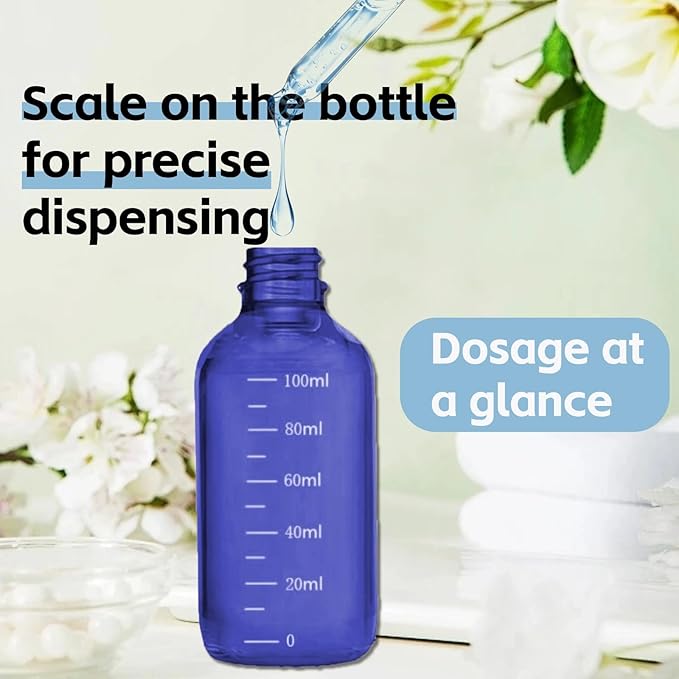 Blue Glass Dropper Bottle 3.4 oz, 2x100ml Blue Glass Eye Dropper Bottles for Essential Oils with Dropper Pipettes, Funnel, and A Plastic Measured Dropper for Diffuser, Beauty Oil Mix home