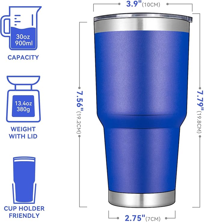 DOMICARE 30 oz Tumbler with Lid and Straw, Stainless Steel Tumblers Bulk, Insulated Vacuum Double Wall Travel Coffee Mug, Durable Powder Coated Tumbler Cups (Dark Blue, 4)