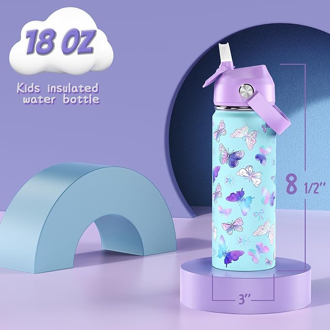 18oz Kids Insulated Water Bottle with Straw Lid - 18/8 Stainless Steel Kid Cup Travel Tumbler Double Wall Vacuum Leak Proof Portable Toddler Water Bottle (Butterfly+Mermaid） - Bloomnest