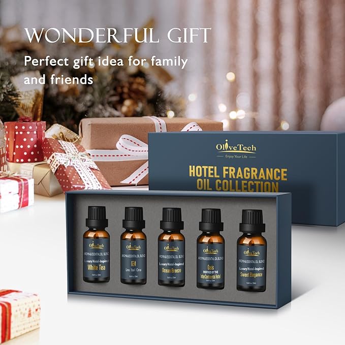 Hotel Collection Diffuser Oil Gift Set - 5 x 20ml / 0.68 fl oz, OliveTech Hotel Fragrance Oil Inspired by Iconic Luxury Hotel, White Tea, GEM & Oasis Scents, Glass Bottles OliveTech