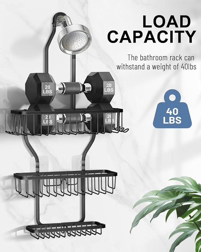 Shower Caddy Hanging - Never Rust Shower Hanging Organizer - Aluminum Over the ShowerHead Caddy with Soap Basket and 6 Hooks for Razor/Sponge (Black) - Bloomnest