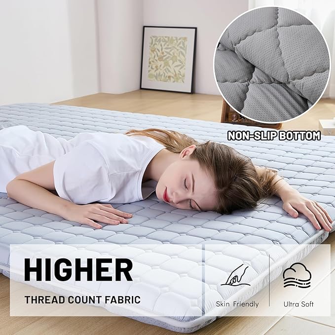 Japanese Floor Mattress Queen, Anti-Slip Japanese Futon Foldable Tatami Mat for Guests, Grey - Bloomnest