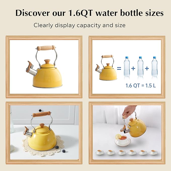 ROCKURWOK Tea Kettle, Tea Pot with Cool Touch Ergonomic Handle, Teapot Food Grade Stainless Steel, Tea Kettle Stovetop, Kettle Teapot, Whistling Tea Kettle, Small Tea Kettles, 1.6 Quart (Yellow) - Bloomnest