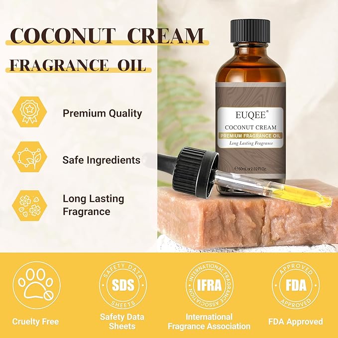 EUQEE 2.02 Fl OZ Coconut Cream Fragrance Oils, Premium Fragrance Essential Oils with Glass Dropper for Diffusers, Soap Candle Making(60ml) - Bloomnest