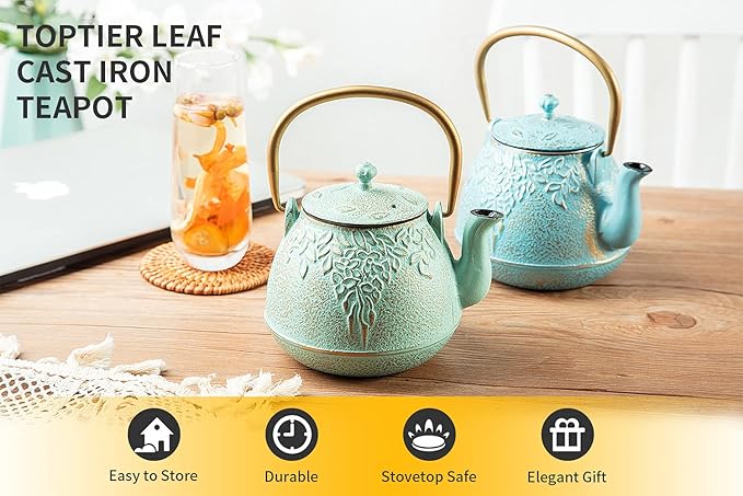 TOPTIER Tea Kettle for Stove Top, Cast Iron Teapot Stovetop Safe with Infusers for Loose Tea, 22 oz, Light Green - Bloomnest