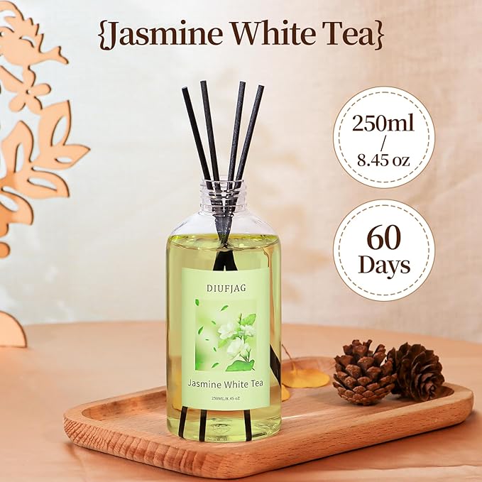 Jasmine White Tea Diffuser with 20 Black Fiber Sticks, 200ml for Diffusers for Home Essentials Bathroom,Last up to 60 Days - Bloomnest