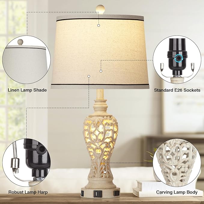 Table Lamps Set of 2, Farmhouse Table Lamps with Nightlight, Rustic Bedside Lamps with Dual USB & AC Outlet, 25.2'' Beige Vintage Nightstand Lamps for Bedroom Living Room, Bulbs Included - Bloomnest