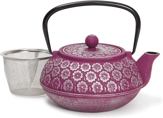 Purple Floral Cast Iron Teapot Kettle with Stainless Steel Loose Leaf Infuser (34 oz) - Cast Iron Tea Kettle - Tea Infuser Pot