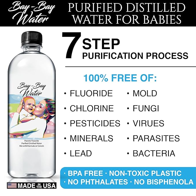 Bay Bay Water - Purified Distilled Water for Babies - 16.9 oz. - Use for Everyday Drinking, Infant Formula, Milk, and Baby Cereal - BPA Free - No Fluoride, Phosphate - Prevent Mineral Overload - (12)