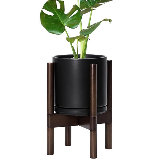 D'vine Dev Ceramic Planter with Walnut Color Stand - 8 Inch Modern Round Flower Pot with Wood Planter Holder, Black, 55-B-Y-2 - Bloomnest