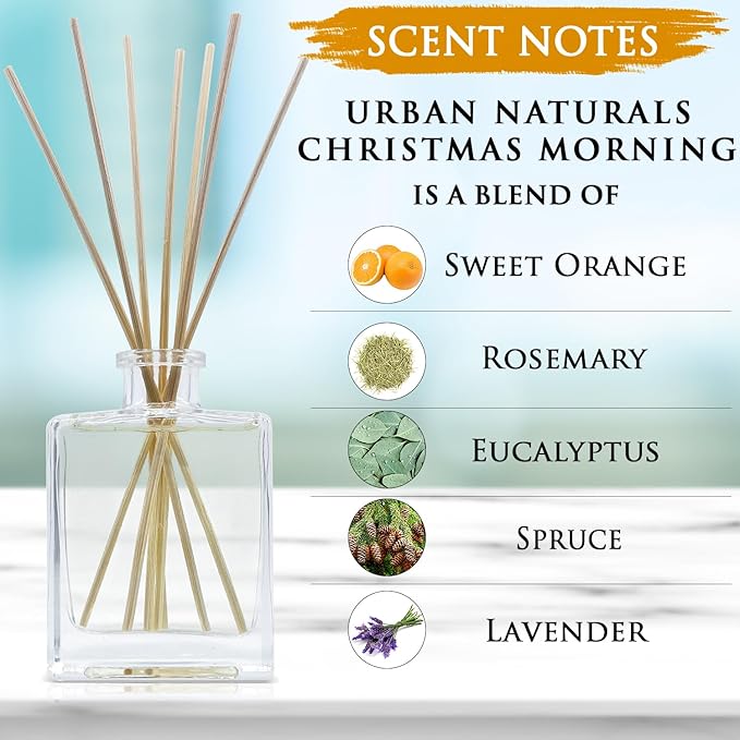 Urban Naturals Christmas Morning Reed Diffuser Set – Aromatic Rosemary, Eucalyptus, Balsam Spruce, Orange, Cedar & Amber – Sleek Rectangular Refillable Glass Bottle – Made in The USA UrbanNaturals