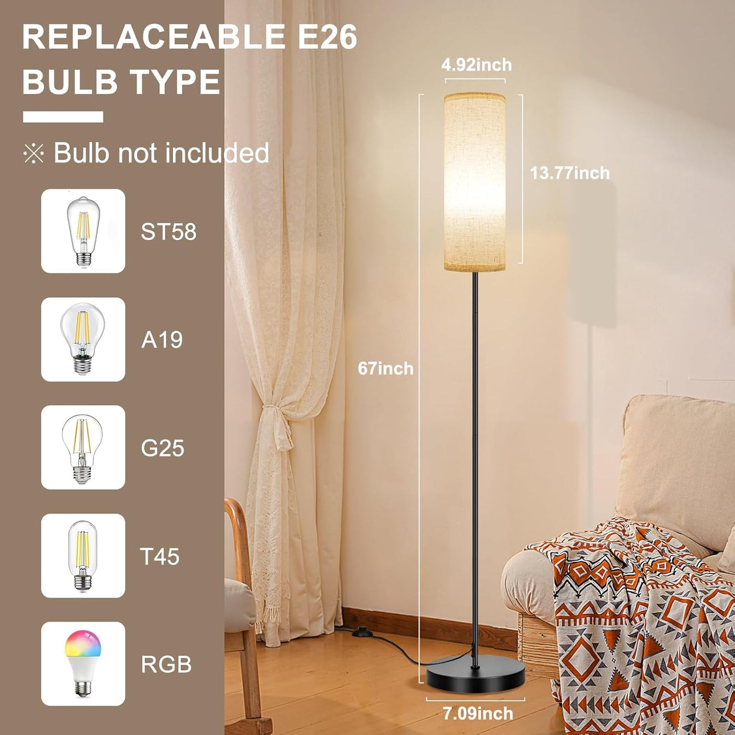 FRIDEKO HOME Floor Lamp with Beige Shade, Simple Design with Foot Pedal Switch, Small Tall Lamps for Living Room Bedroom Office, Corner Floor Stand Light with Black Pole Lamp (No Bulb/No Remote)