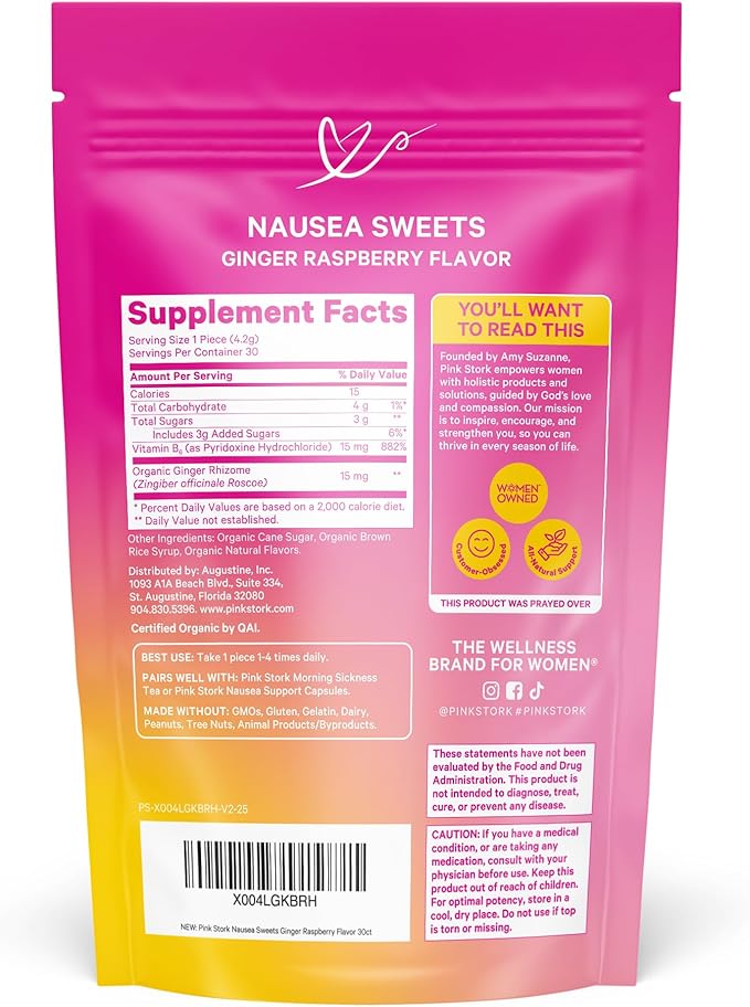 Pink Stork Organic Ginger Raspberry Sweets with Vitamin B6 for Morning Sickness and Motion Sickness, Added Ginger & Vitamin B6, 1st Trimester Pregnancy Must Haves - 30 Wrapped Candies - Bloomnest