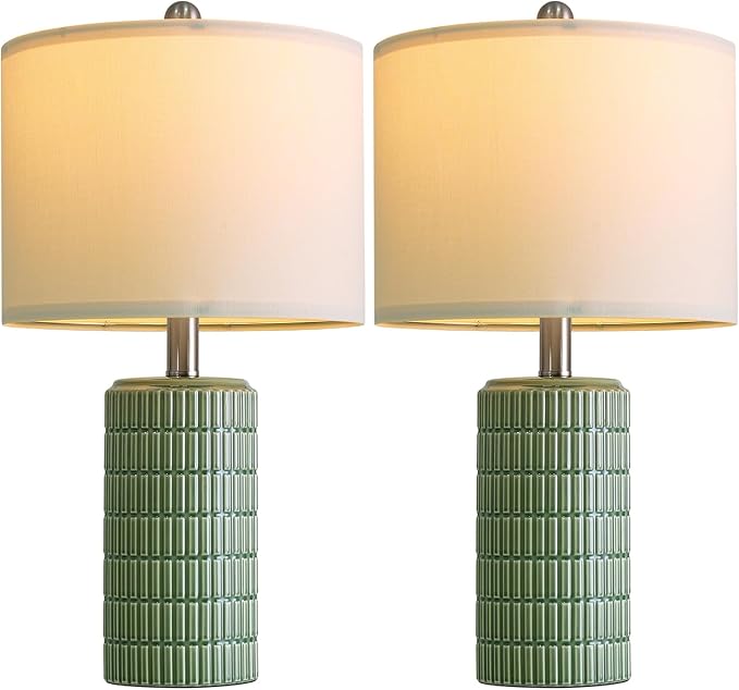 PoKat 20.75" Small Modern Ceramic Table Lamps Set of 2 for Bedroom, Green Bedside Lamps for Night Stands, Farmhouse House Decor Nightstand Table Lamps for Living Room End Table Green - Bloomnest