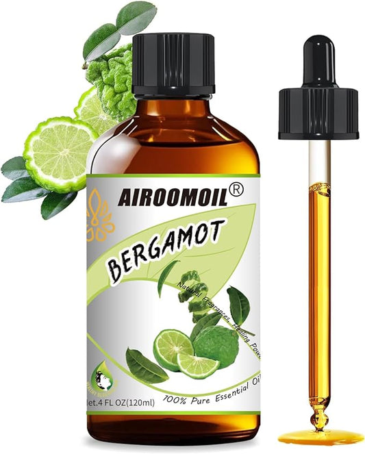 Pure Bergamot Essential Oil, 100% Natural Citrus Oil for Diffusers, DIY Candles, Soap Making, Massage & Aromatherapy, 4 fl oz | 120ml| Large Capacity Natural Fragrance Oil Airoomoil