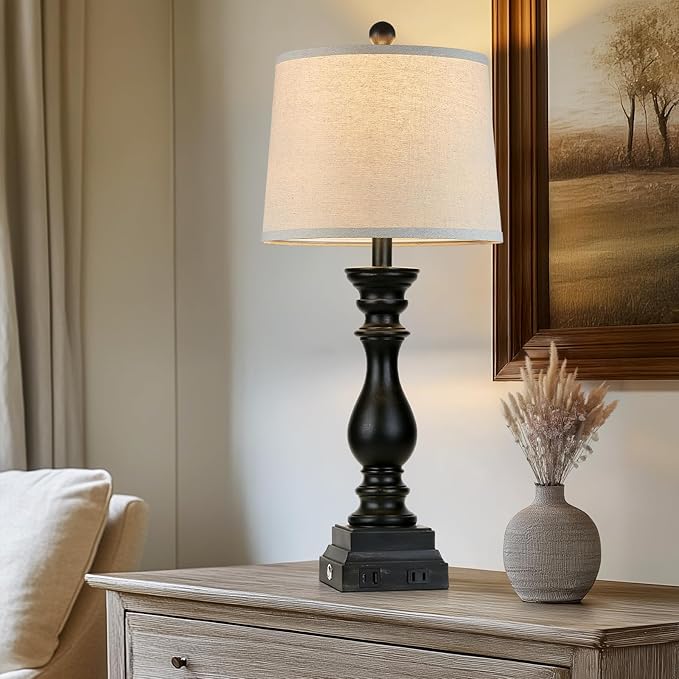 28" Farmhouse Table Lamps Set of 2 with USB C+A Ports and AC Outlet, 3 Way Touch Tall Vintage Bedside Lamp for Living Room, Black Rustic Nightstand Lamp for Bedroom Office - Bloomnest