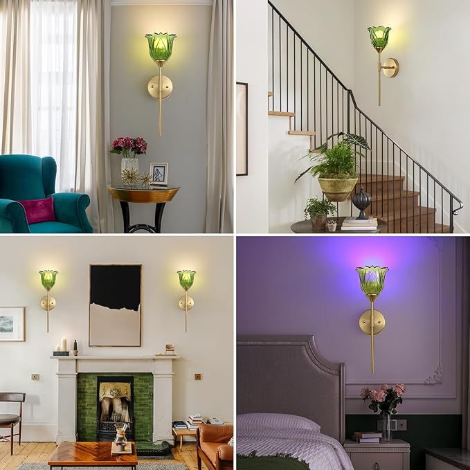 2 Pack Battery Operated Wall Sconce with Green Glass Lampshade, Mid Century Bathroom Vanity, Wireless Rechargeable RGB Wall Light with Remote Control, for Bedroom Mirror Living Room - Bloomnest