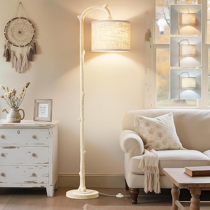 Floor Lamp for Living Room - 69" Rustic Farmhouse Tall Lamp with 3 Color Temperatures- Country Resin Vintage Reading Light Standing Lamps for Bedroom Office Classroom Home Decor, Almond White - Bloomnest