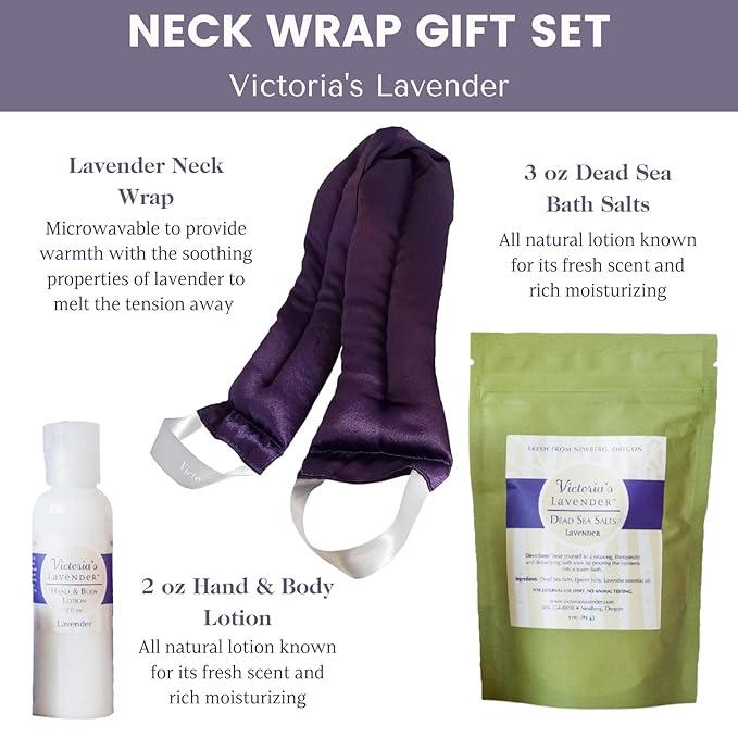 Victoria's Lavender Neck Wrap Gift Set with Bath Salts, Hand & Body Lotion - Skin Care Set & Spa Kits, Bath and Body Products for Women, Beauty Products For Women Made in the USA - Lavender (Set of 3) - Bloomnest