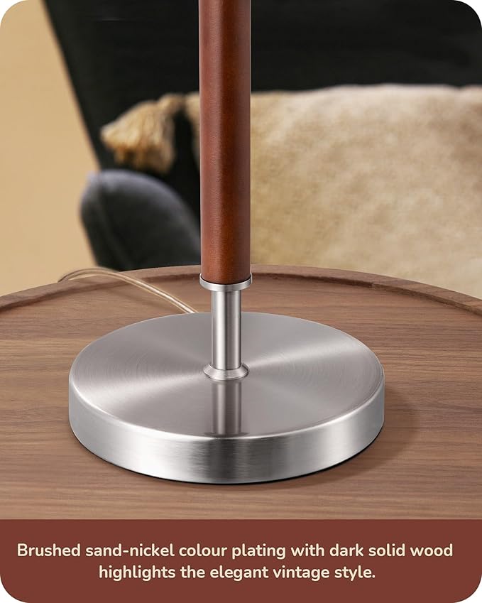 EDISHINE Mid Century Table Lamp, Solid Wood and Metal Bedside Lamp with Pull Chain Switch & Beige Linen Shade, Retro Nightstand Lamp for Bedroom Living Room End Table, E26 Base - Bloomnest