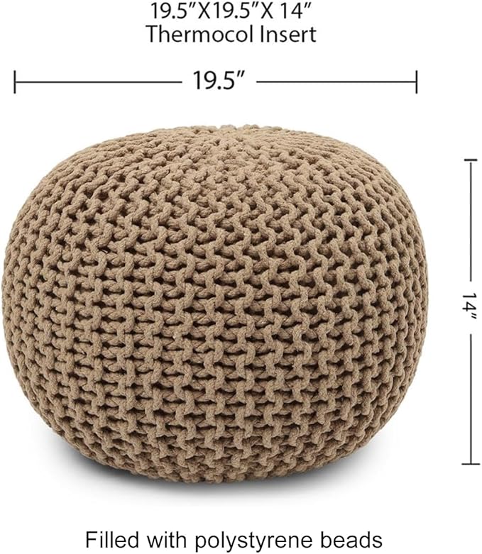 REDEARTH Round Pouf Ottoman - Hand Knitted Cable Boho Poof Home Décor Pouffe Circular Footrest for Living Room - Bedroom - Lounge - 100% Cotton (19.5"x19.5"x14") - Beige - Bloomnest