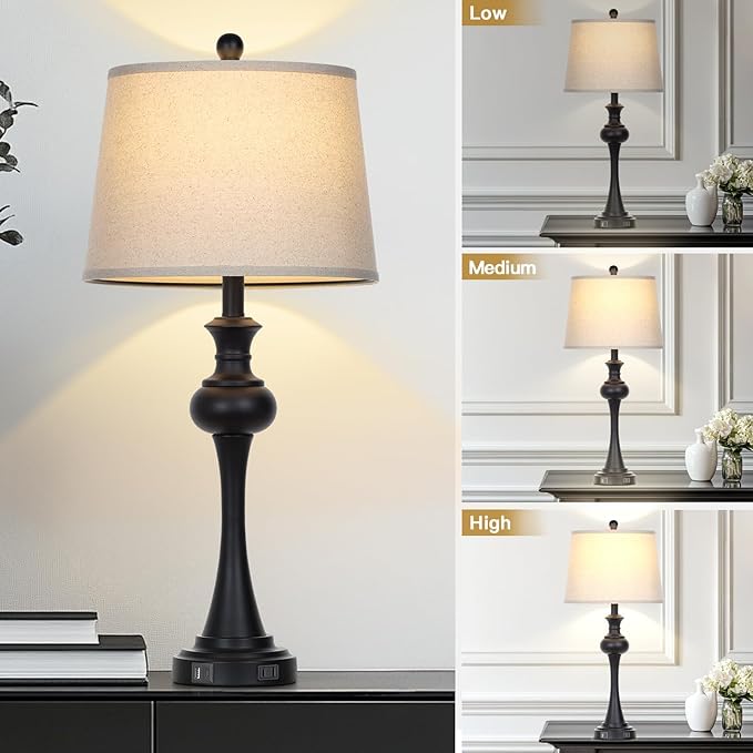 28.75'' Modern Black Metal Table Lamps Living Room Lamp for Nightstand Bedside End Lamp Home Decor Touch Lamp Modern Lamps with USB A+C Ports & Outlets （Bulb Included） - Bloomnest