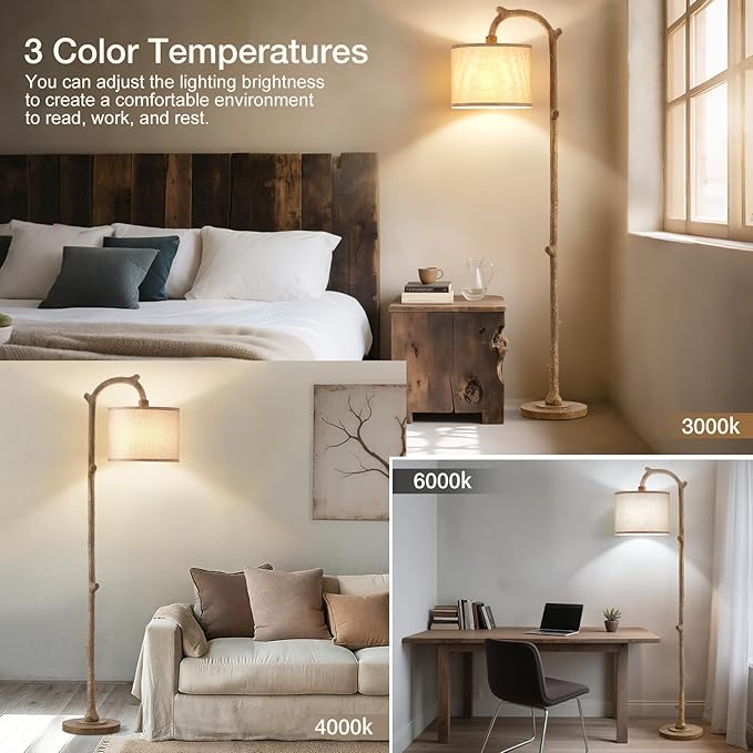 Floor Lamp for Bedroom - 69" Rustic Farmhouse Tall Lamp with 3 Color Temperatures- Country Resin Vintage Reading Light Standing Lamps for Living Room Office Classroom Home Decor, Bulbs, Brown - Bloomnest