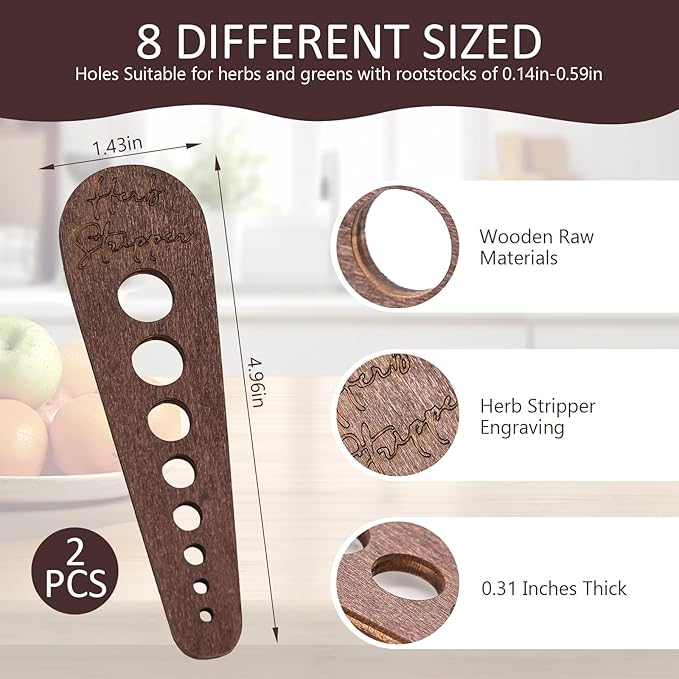 2 Pcs Herb Stripper Tool, Wooden Herb Stripper Vegetable Leaf Remover 8 Different Aperture Designs Wood Stripping Strippers Suitable for Herbs, Parsley, Coriander, Thyme, Rosemary (Brown) - Bloomnest