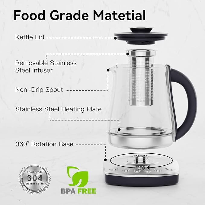 Electric Kettle With Infuser, 1.5L Electric Tea Kettle With Temperature Control, 1200W Fast heating for Pour Over Coffee, Brew Tea, Boil Hot Water, BPA-Free, Easy to Clean G888B - Bloomnest
