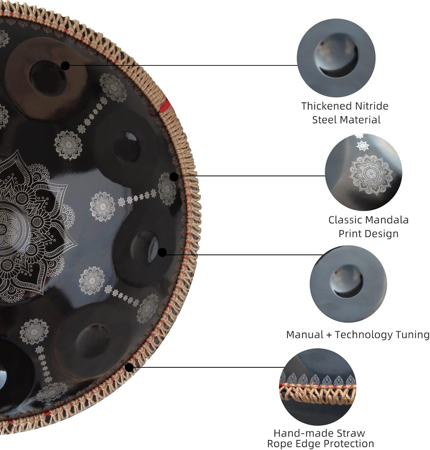 432HZ Handpan Set-Premium 22 Inches 9 Sounds D Minor Steel Hand Pan,Handpan Drum Instrument for Adults,Print Black