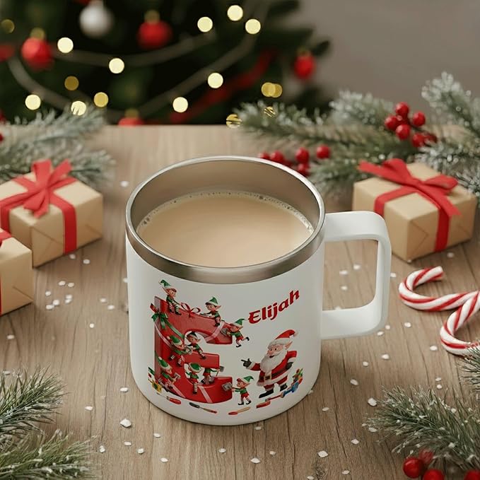 Personalized Christmas Mug | Custom Santa's Workshop Initial Insulated Coffee Cup with Handle & Lid | 12oz Holiday Tumbler, Cute Elf Gift for Kids, Boys & Girls (B16) - Bloomnest