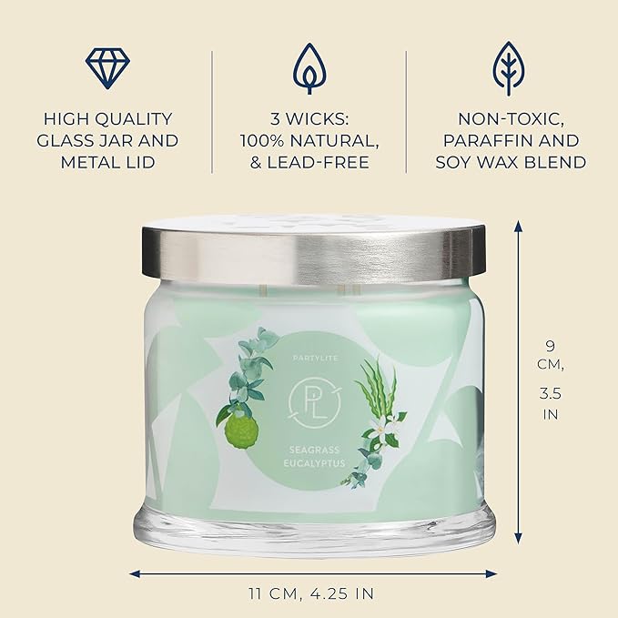 PartyLite Sea Grass Eucalyptus Scented, Notes of Eucalyptus, Lemon, Seagrass & Driftwood, 13.2oz 3-Wick Jar Candle, 45 Hour Burn Time, Luxurious Fragrance, Ideal for Gifting - Bloomnest