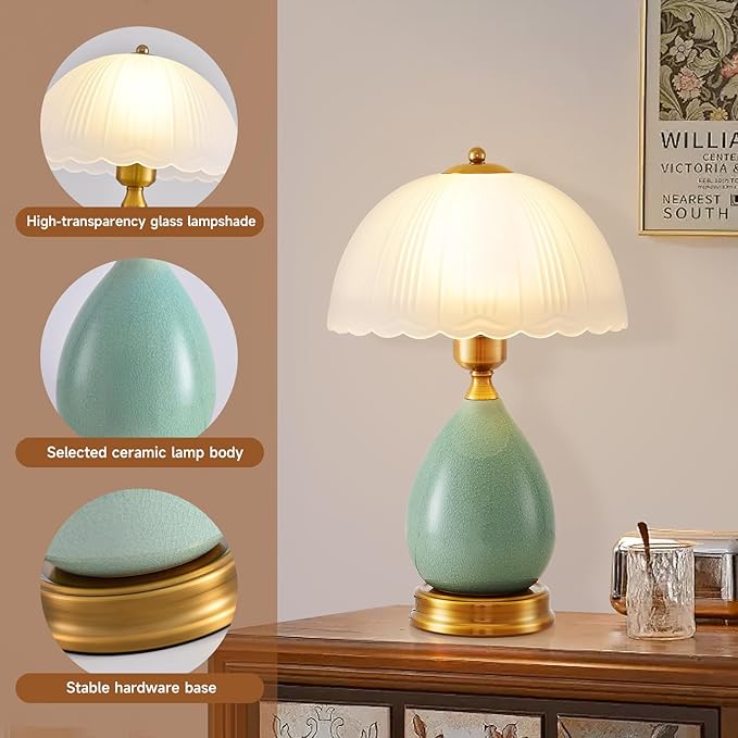 Table Lamps for Bedroom Vintage Golden Table Lamps for Bedroom Ceramic Retro Lamp for Living Room,16" Modern Bedside Nightstand Traditional Lamps, Classic Chinoiserie Green Glass Lamp for Home Decor - Bloomnest