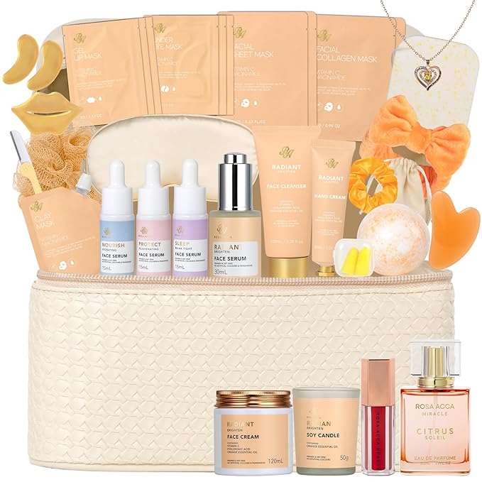 33 pcs Valentines Day Gifts for Women, Orange Facial Kit, Skin Care Gift Set, Self-Care Kit, Spa & Bath & Body Basket Gift, Beauty Bag, Face Gel Mask, Pampering Kit, Birthday Gift, Mother Day - Bloomnest