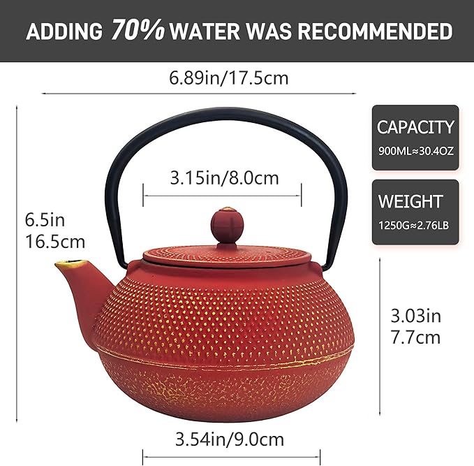 30.4oz Small Cast Iron Teapot, Tea Kettle for Stovetop Safe Coated with Enameled Interior, Red Japanese Tetsubin, Tea Pot with Stainless Steel Infuser for Loose Tea(900ml) - Bloomnest