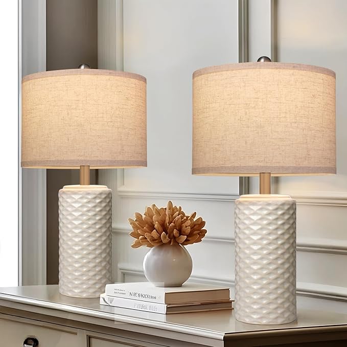 23" Bedside Lamps Set of 2, Dimmable Ceramic Table Lamps for Night Stands Modern Farmhouse Bedroom Lamps with Timer, Nightstand Table Lamps for Living Room End Table, Beige, LED Bulb Included - Bloomnest