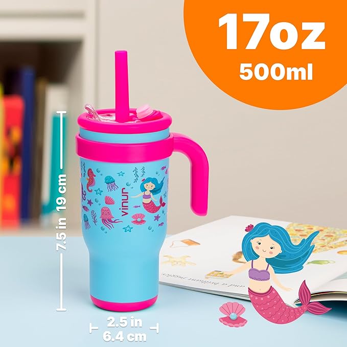 VINUR 17 oz Stainless Steel Double Wall Vacuum Insulated Tumbler with Handle-Kids Leak Proof Tumbler Cup With Lid and Straw (Mermaid) - Bloomnest