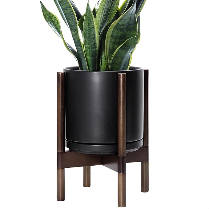 D'vine Dev Ceramic Planter with Walnut Color Stand - 10 Inch Modern Round Flower Pot with Wood Planter Holder, Black, 55-B-X-2 - Bloomnest