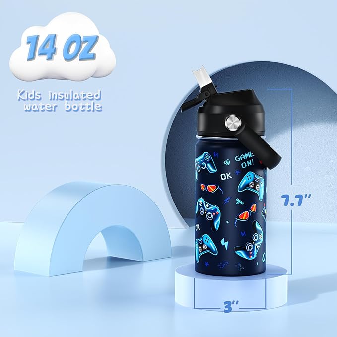 14oz Kids Insulated Water Bottle with Straw Lid - 18/8 Stainless Steel Kid Cup Travel Tumbler Double Wall Vacuum Leak Proof Portable Toddler Water Bottle (Lightning+Game） - Bloomnest