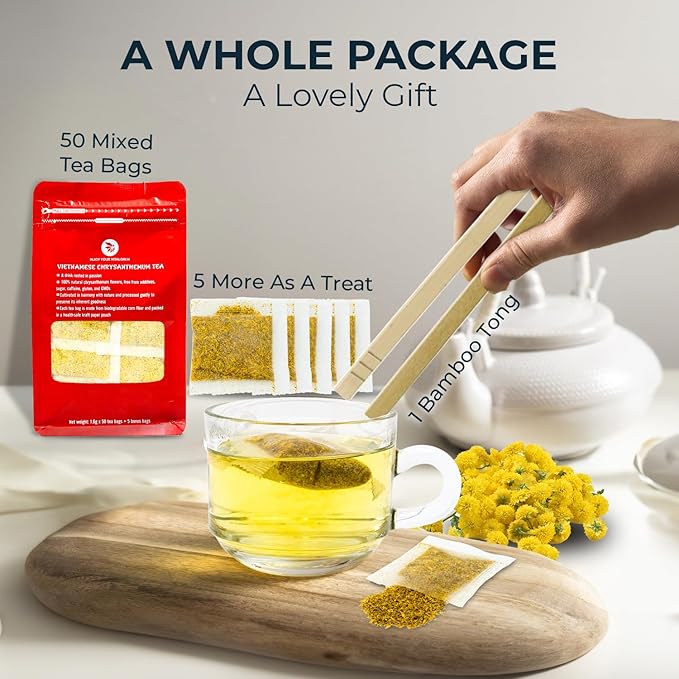INJOY YOUR VITALGRI:N Vietnamese Chrysanthemum Tea - 55 Count (+5 Tea Bags) Bamboo Tong Included - 4.23 oz, Re-Steep Chrysanthemum Floral Scent Herbal Tea for Detox, Sleep, Relax Support, Daisy - Bloomnest