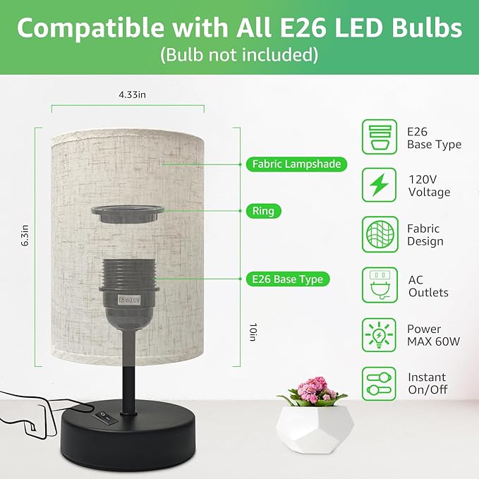 Small Table Lamp, Minimalist with Flaxen Shade, 9 Inch Design for Bedroom & Dorm Room, 2 Pack - Bloomnest