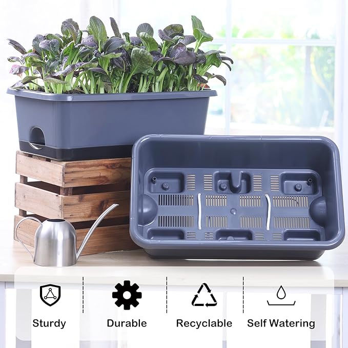 Window Box Planter 6 Pcs, 18 Inches Rectangle Flower Pots with Drainage Holes and Trays, Vegetable Planters for Windowsill Patio Garden Balcony Home Porch Yard Indoor Outdoor (Grey, 18*10*6 inch) - Bloomnest