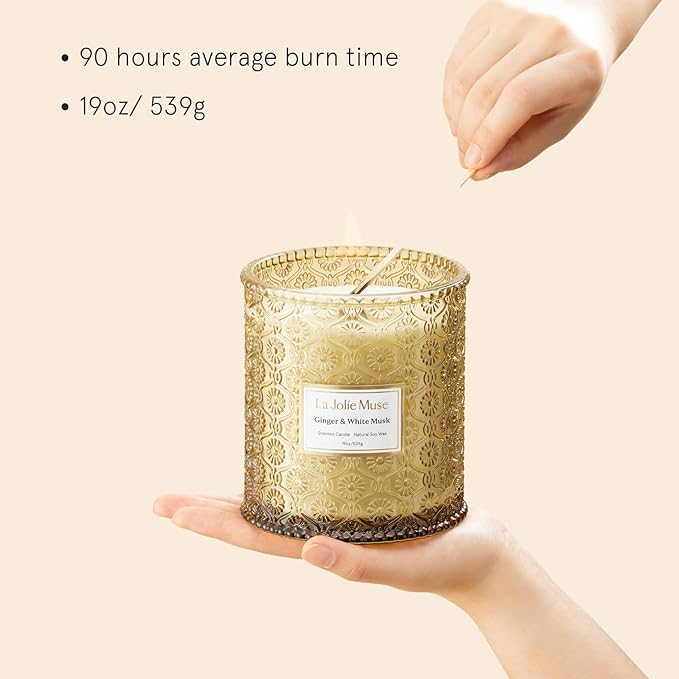 LA JOLIE MUSE Ginger & White Musk Candle | Ginger, Lemongrass & Musk | 19 oz Wooden Wick | Natural Soy Wax | 90 Hours Clean Burn | Gift-Ready for Hosts & Gathering| Seasonal Home Décor - Bloomnest