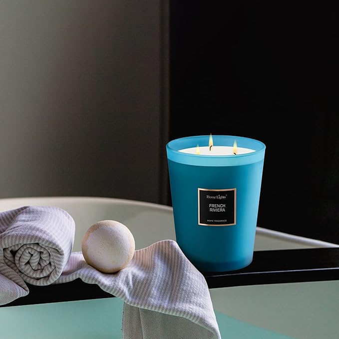 HomeLights Scented Candles | Large Jar Candle - 33.3 Oz. Natural Soy Aromatherapy Candles | Up to 130 Hours Burn Time with 3 Cotton Wicks,Home Decorative Fragrance Candles Gift - French Riviera - Bloomnest